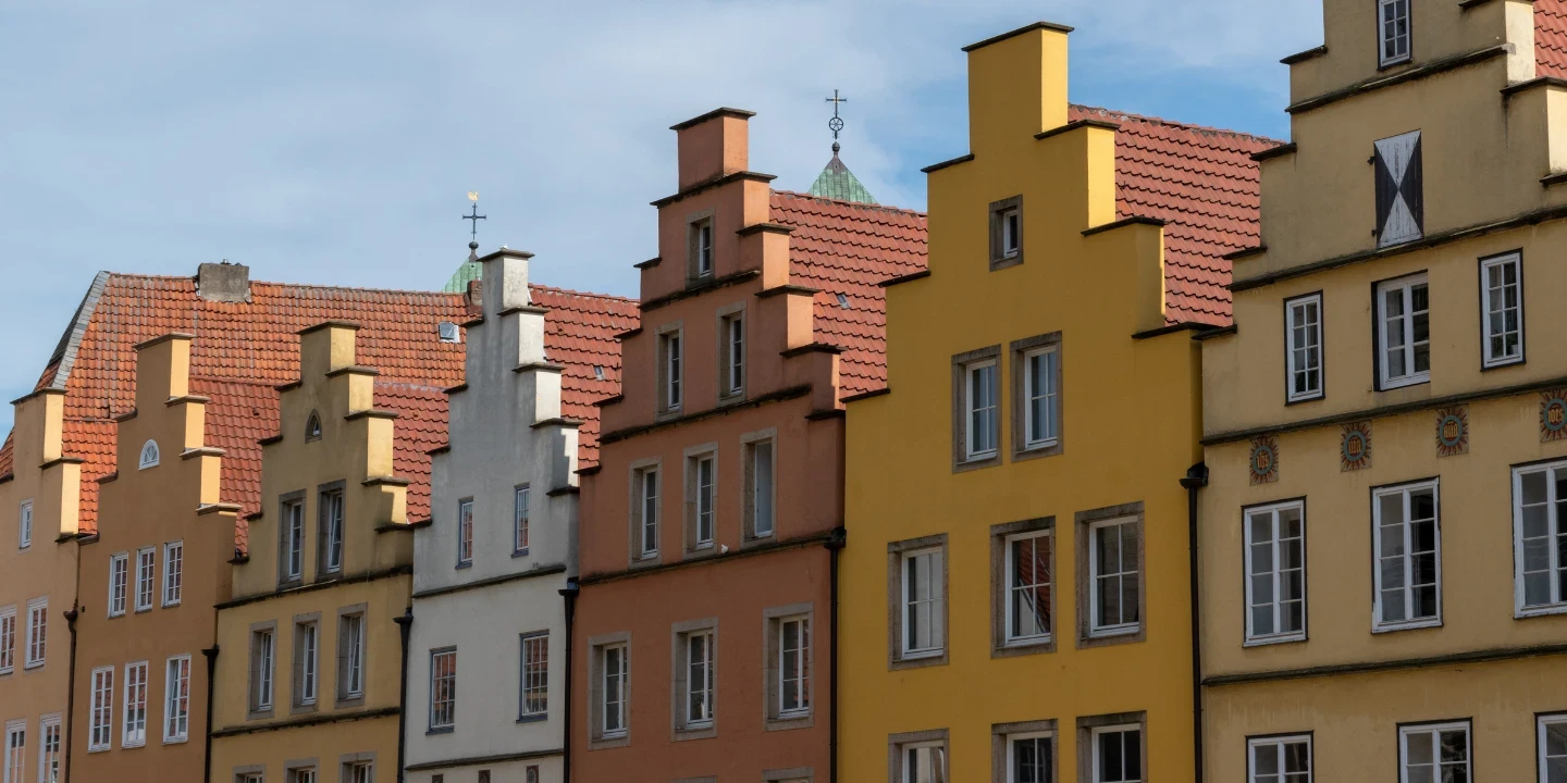 Reihenhausfassade in verschiedenen Farben: von links nach rechts orange, beige, wei&szlig;, orange, gelb, jeweils mit treppenf&ouml;rmigem Giebel. Jedes Haus hat rote Dachziegel und mehrere rechteckige Fenster. Der Himmel ist blau mit leichtem Wolkenschleier.
