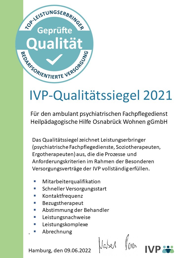 Urkunde des IVP-Qualitätssiegel 2021