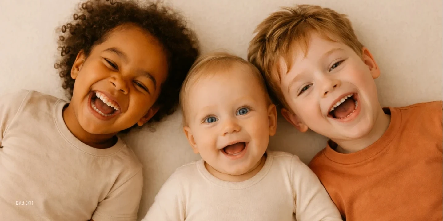Drei Kinder liegen nebeneinander auf hellem Untergrund. Das linke Kind tr&auml;gt ein hellbeiges Oberteil, das mittlere ein wei&szlig;es, und das rechte ein orangefarbenes. Alle blicken zur Kamera, mit verdeckten Gesichtern.