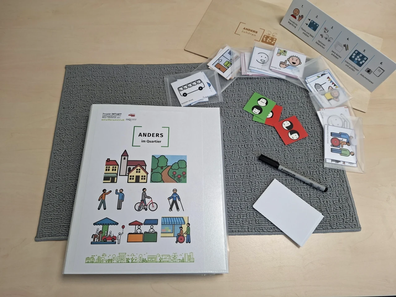 Arbeitsmappe mit der Aufschrift &bdquo;Anders im Quartier&ldquo; auf grauer Tischunterlage, umgeben von Karten mit Illustrationen, einem schwarzen Marker, einer leeren wei&szlig;en Karte und einem Umschlag mit aufgedrucktem Titel. Illustrationen zeigen Szenen von Personen, Geb&auml;uden und Alltagsaktivit&auml;ten.