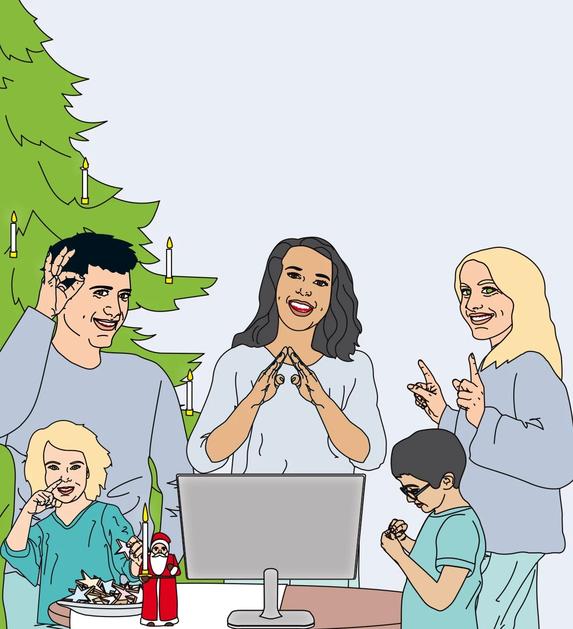 Eine Gruppe von f&uuml;nf Menschen in blauer Kleidung umringt einen Computermonitor. Eine dunkelhaarige Frau in der Mitte formt mit den H&auml;nden ein Herz. Links ein Mann und ein blondes Kind mit Handzeichen. Rechts eine blonde Frau und ein Kind mit schwarzem Haar; beide gestikulieren. Im Hintergrund ein mit brennenden Kerzen geschm&uuml;ckter Weihnachtsbaum. Auf dem Tisch rote Weihnachtsfiguren.