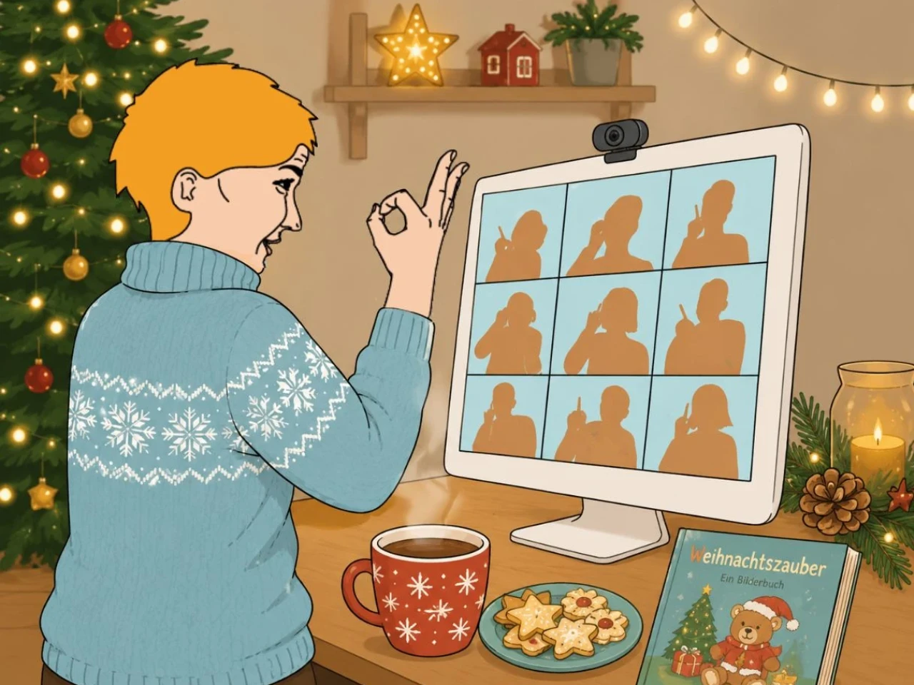 Mann mit hellblondem Haar und blauem Pullover mit wei&szlig;en Schneeflockenmustern sitzt an einem Holztisch. Vor ihm ein Monitor mit einer Videokonferenz in neun orangefarbenen Silhouettenfeldern. Auf dem Tisch rote Tasse mit dampfendem Getr&auml;nk, Teller mit Weihnachtspl&auml;tzchen und ein Kinderbuch mit der Aufschrift "Weihnachtszauber". Im Hintergrund Weihnachtsbaum, Kerze und Lichterkette.