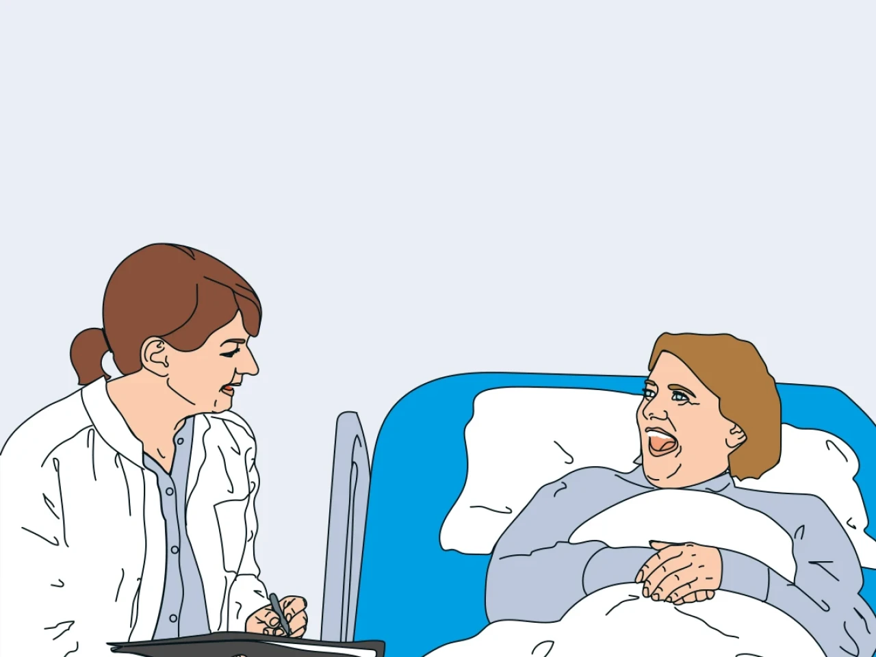 Illustration einer Frau im Krankenhausbett mit blauem Rahmen, bedeckt von einer wei&szlig;en Decke. Sie l&auml;chelt eine weibliche Person im wei&szlig;en Arztkittel an, die links sitzt, ein Tablet h&auml;lt und offenbar ein Gespr&auml;ch f&uuml;hrt. Der Hintergrund ist hellblau.