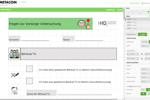 Formular mit gr&uuml;nem Abschnitt und Titel "Fragen zur Vorsorge-Untersuchung". Oben rechts ein Symbol mit l&auml;chelndem Gesicht und rotem Kreuz sowie der Schriftzug "HHO &ndash; Wir gestalten mittendrin". Darunter Eingabefelder f&uuml;r Vorname und Name, gefolgt von einer grauen Textbox mit der Beschriftung "Betreuer*in". Zwei Auswahlk&auml;stchen mit den Optionen: "Ich habe keine gesetzliche Betreuer*in im Bereich Gesundheitsvorsorge" und "Ich habe eine gesetzliche Betreuer*in im Bereich Gesundheitsvorsorge". Unter den K&auml;stchen ein Eingabefeld mit der Beschriftung "Name der Betreuer*in". Links ein kleiner gezeichneter Menschensymbol mit Stift, daneben ein Papierstapel-Symbol. Rechte Seitenleiste mit Bearbeitungstools f&uuml;r Seitenformat und Rasteroptionen.