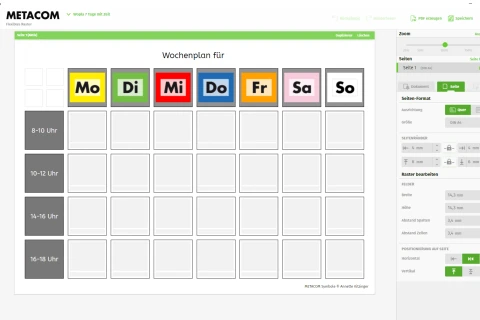 Wochenplan-Vorlage mit gr&uuml;nem Titelbalken "Wochenplan f&uuml;r", darunter eine Tabelle mit sieben Spalten f&uuml;r die Wochentage Montag bis Sonntag, farbig unterlegt (gelb, gr&uuml;n, rot, blau, orange, rosa, grau). Vier Zeilen links beschriftet mit Zeitspannen: 8&ndash;10 Uhr, 10&ndash;12 Uhr, 14&ndash;16 Uhr, 16&ndash;18 Uhr. Rechteckige Rasterfelder darunter leer.