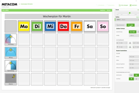 Wochenplan f&uuml;r Martin mit einer Tabelle aus 7 Spalten und 5 Reihen. Die Spalten&uuml;berschriften sind farbige Rechtecke mit Tagesabk&uuml;rzungen: Montag (gelb), Dienstag (gr&uuml;n), Mittwoch (blau), Donnerstag (rot), Freitag (orange), Samstag (rosa), Sonntag (grau). Links starten Symbolbilder: Sonne f&uuml;r Vormittag, Sonne mit Wolken f&uuml;r Mittag, Halbmond f&uuml;r Abends. Rechts Werkzeuge und Einstellungen.