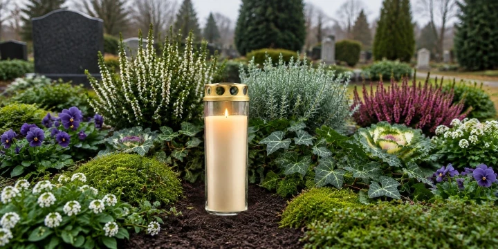 Grabstelle mit bepflanzter Erde; wei&szlig;e Blumen, violette Stiefm&uuml;tterchen, Heidekraut und Efeu sind angeordnet. In der Mitte steht eine wei&szlig;e Grabkerze mit goldenem Deckel, die brennt. Im Hintergrund Grabsteine, B&auml;ume und Str&auml;ucher.