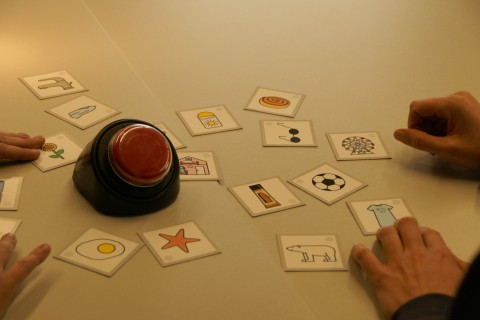 Mehrere SIGN Symbol Karten liegen auf dem Tisch mit einem roten Knopf in der Mitte