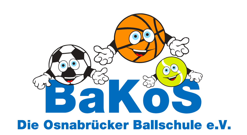 Grafik mit drei lachenden B&auml;llen, einem Fu&szlig;ball, einem Basketball und einem Tennisball, alle mit Augen, Mund und wei&szlig;en Handschuhen. Darunter blauer Schriftzug: "BaKoS". In kleinerer, blauer Schrift: "Die Osnabr&uuml;cker Ballschule e.V.".