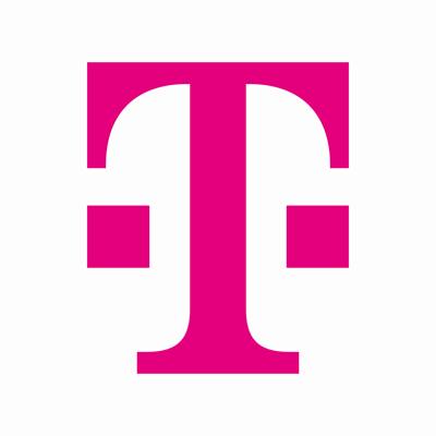 Magenta-farbenes "T" mit je einem horizontalen Strich links und rechts in derselben Farbe auf wei&szlig;em Hintergrund, Logo der Deutschen Telekom.