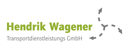 Gr&uuml;ner Schriftzug "Hendrik Wagener", darunter grauer Schriftzug "Transportdienstleistungs GmbH", rechts davon graue gestrichelte Linie mit drei Pfeilen, die in verschiedene Richtungen zeigen.