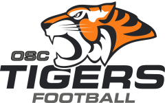 Tiger-Logo mit orange-schwarz-wei&szlig;em Tigerkopf, der nach rechts blickt und sein Maul &ouml;ffnet. Rechts daneben steht "OSC" in Dunkelgrau, darunter in schwarzer Schrift gro&szlig; "TIGERS", darunter kleiner grauer Text: "Street Soccer e.V.".
