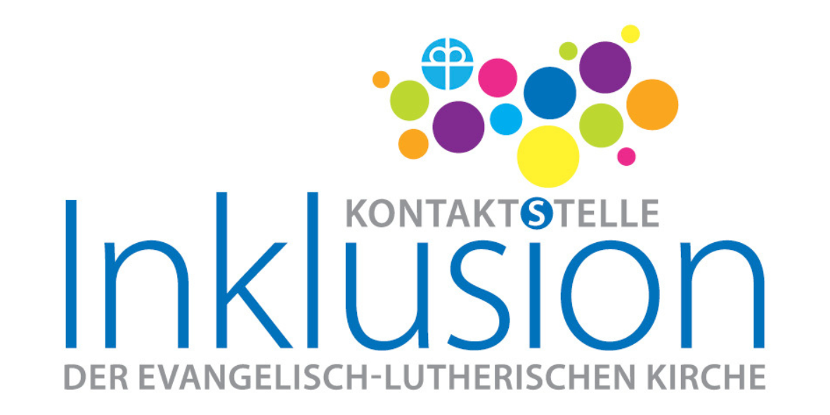 Logo der "Kontaktstelle Inklusion der Evangelisch-Lutherischen Kirche" mit Schriftzug "Kontaktstelle Inklusion" in blauer und grauer Schrift, dar&uuml;ber bunte, verschieden gro&szlig;e Kreise in Gelb, Orange, Pink, Gr&uuml;n, Blau und Lila und ein blaues Kreuz-Symbol in einem Kreis.