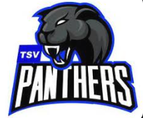 Schwarzer Pantherkopf mit ge&ouml;ffnetem Maul und wei&szlig;en Z&auml;hnen, dar&uuml;ber blauer Schriftzug "TSV", darunter in Gro&szlig;buchstaben "PANTHERS" in Schwarz mit wei&szlig;er Kontur und blauer Umrandung.