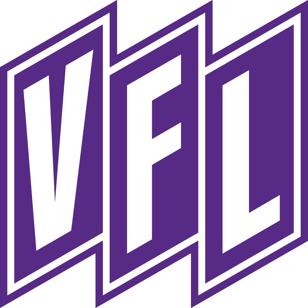 Lila-wei&szlig;es Logo mit den Buchstaben "V", "F" und "L" in Gro&szlig;buchstaben. Die Buchstaben sind fett und in Wei&szlig;, jeweils in separaten, lila-umrandeten trapezf&ouml;rmigen Feldern, die nebeneinander stehen.