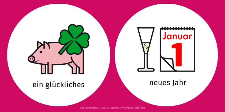 Vier kreisf&ouml;rmige Symbole auf pinkem Hintergrund mit buntem Konfetti, jeweils mit Text darunter: 1. Zwei Personen mit brauner und heller Hautfarbe, eine legt die Hand auf die Schulter der anderen, Text "wir". 2. Eine Person mit hellem Gesicht, Sternen und Gedankenblase, Text "w&uuml;nschen". 3. Rosa Schwein mit gr&uuml;nem vierbl&auml;ttrigem Kleeblatt, Text "ein gl&uuml;ckliches". 4. Sektglas und Kalenderblatt mit Aufschrift "Januar 1", Text "neues Jahr".