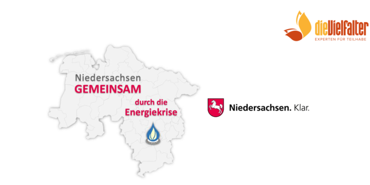 Landkarte von Niedersachen mit der Aufschrift "Niedersachsen GEMEINSAM durch die Energiekrise"
