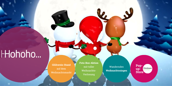 Eine Weihnachtskarte mit Schneemann, Weihnachtsman und Rentier. Auf der Karte stehen die Weihnachtsaktionen der HHO.