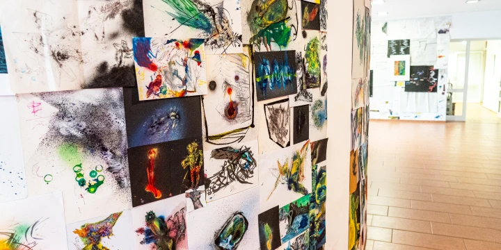 Viele Bilder die an einer Wand befestigt sind.