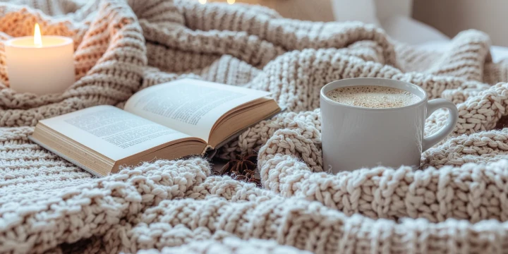 Ge&ouml;ffnetes Buch mit sichtbarem Text, wei&szlig;e Tasse mit schaumigem Kaffee und brennende wei&szlig;e Kerze auf einer cremefarbenen, grob gestrickten Decke. Im Hintergrund unscharfe, warme Beleuchtung und ein Teil eines Betts sichtbar.