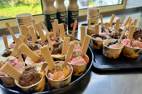 Mehrere bunte Eisbecher mit Kugeln in verschiedenen Sorten (Schokolade, Erdbeere, Vanille) gef&uuml;llt, dekoriert mit bunten Streuseln, Waffelsticks und Holzl&ouml;ffeln. Im Hintergrund auf einer Metallarbeitsfl&auml;che Stapel wei&szlig;er Becher und drei Flaschen mit Sirup vor einem Fenster mit Blick auf eine gr&uuml;ne Au&szlig;enlandschaft.