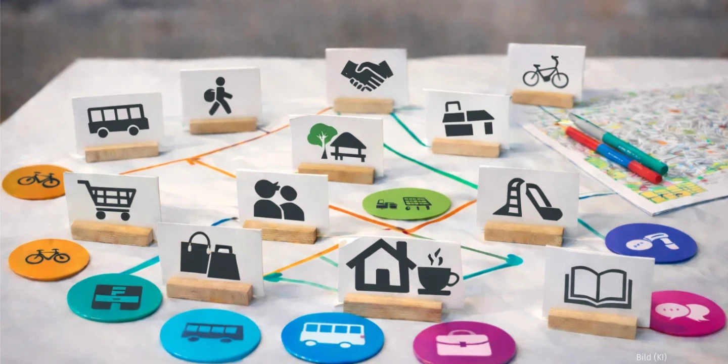 Karten mit Piktogrammen in Holzhaltern, angeordnet auf einer wei&szlig;en Fl&auml;che. Symbole zeigen Bus, Fu&szlig;g&auml;nger, Handschlag, Fahrrad, Einkaufswagen, Menschen, Haus, Busstation, Spielplatz, Kaffeetasse und ein Buch. Verbunden durch bunte F&auml;den; rechts liegen bunte Stifte und eine Karte.