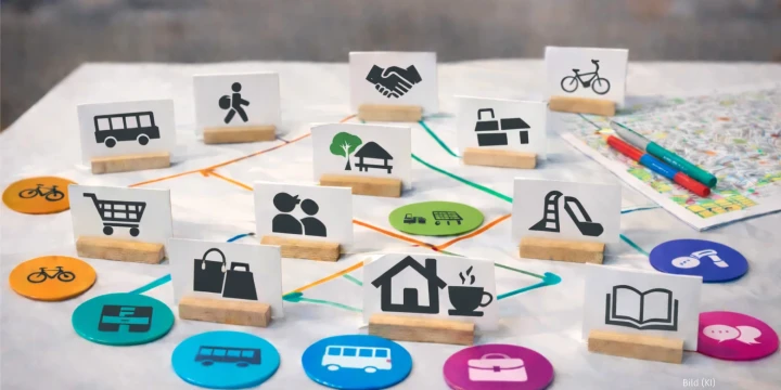 Karten mit Piktogrammen in Holzhaltern, angeordnet auf einer wei&szlig;en Fl&auml;che. Symbole zeigen Bus, Fu&szlig;g&auml;nger, Handschlag, Fahrrad, Einkaufswagen, Menschen, Haus, Busstation, Spielplatz, Kaffeetasse und ein Buch. Verbunden durch bunte F&auml;den; rechts liegen bunte Stifte und eine Karte.