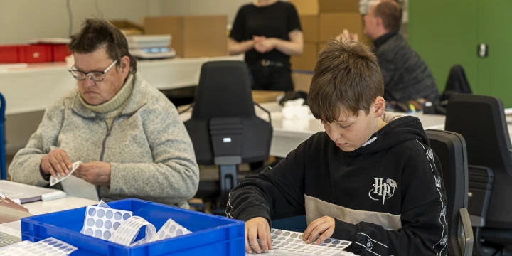 Eine Mitarbeiterin der Werkstatt und ein Sch&uuml;ler bei der Arbeit.