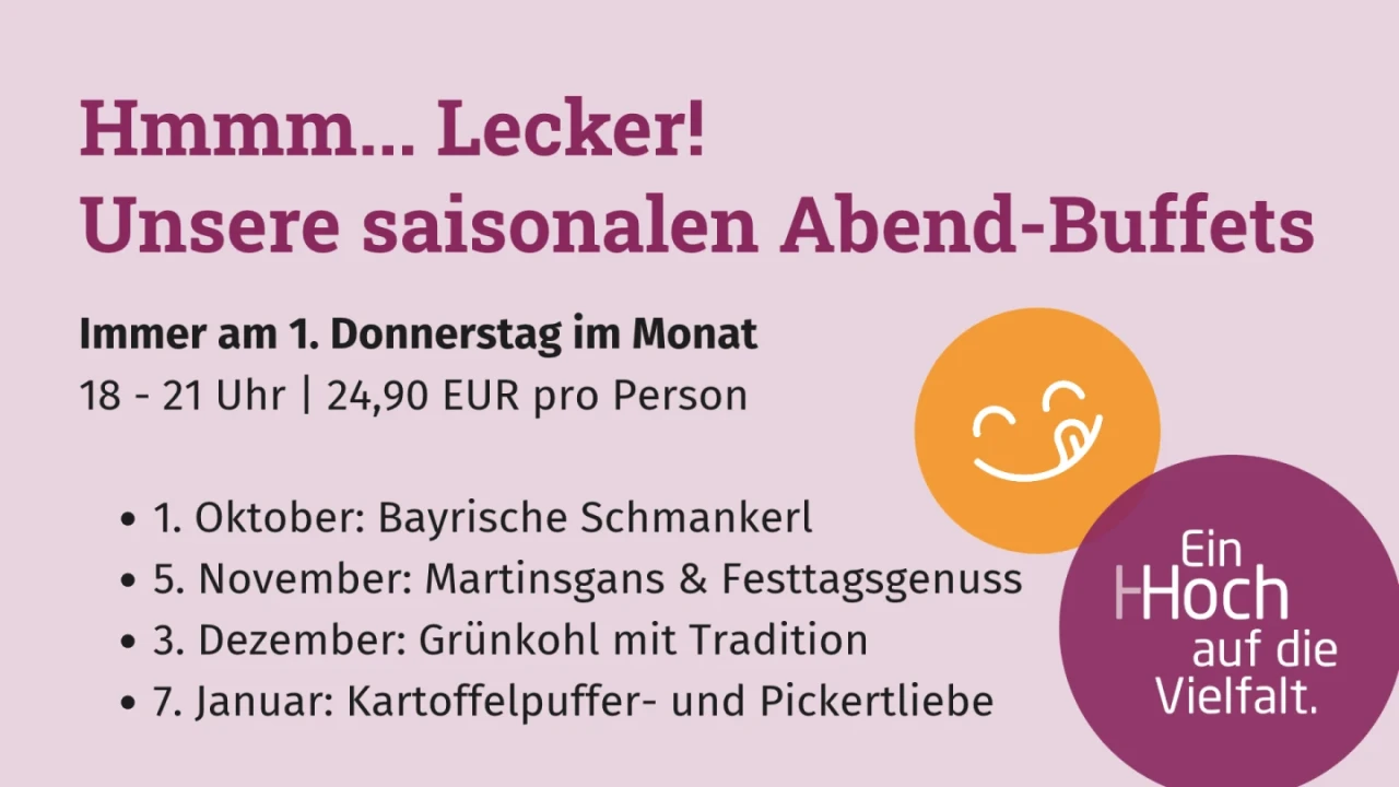 Text auf helllila Hintergrund. Titel: "Hmm... Lecker! Unsere saisonalen Abend-Buffets". Darunter: "Immer am 1. Donnerstag im Monat, 18&ndash;21 Uhr, 24,90 EUR pro Person". Termine und Themen: "1. Oktober: Bayrische Schmankerl", "5. November: Martinsgans & Festtagsgenuss", "3. Dezember: Gr&uuml;nkohl mit Tradition", "7. Januar: Kartoffelpuffer- und Pickertliebe". Rechts ein orangefarbener l&auml;chelnder Smiley und ein lila Kreis mit wei&szlig;em Text: "Ein Hhoch auf die Vielfalt."