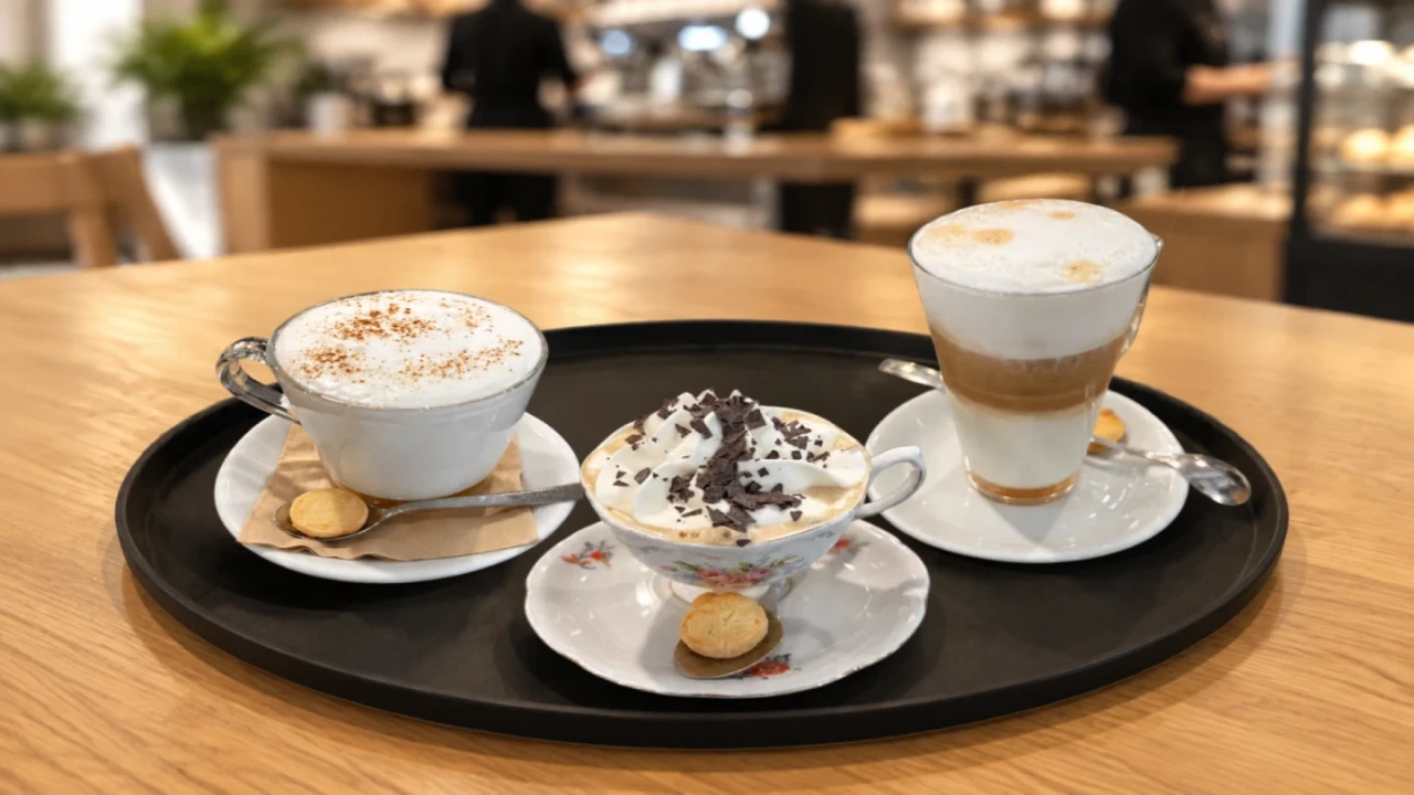 Drei Tassen mit verschiedenen Kaffeegetr&auml;nken auf einem runden schwarzen Tablett, serviert auf einem Holztisch. Links Cappuccino mit Milchschaum und Zimt, in der Mitte hei&szlig;e Schokolade mit Sahne und Schokostreuseln in einer Porzellantasse, rechts Latte Macchiato in einem gl&auml;sernen Becher, dazu jeweils kleine Kekse auf Untertassen. Im Hintergrund eine unscharfe Caf&eacute;-Theke mit Bedienpersonal.