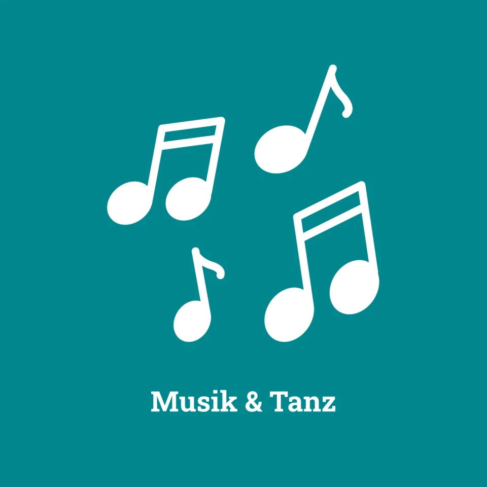 Wei&szlig;e Musiknoten in verschiedenen Gr&ouml;&szlig;en und Winkeln auf einer petrolgr&uuml;nen Fl&auml;che, darunter Schriftzug "Musik & Tanz" in wei&szlig;er serifischer Schrift.