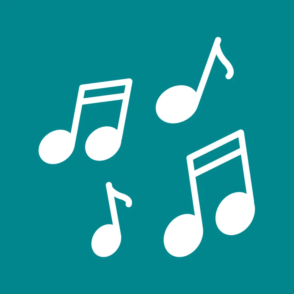 Wei&szlig;e, stilisierte Musiknoten, bestehend aus Achtel- und Sechzehntelnoten, verteilt auf einem gleichm&auml;&szlig;ig t&uuml;rkisen Hintergrund.