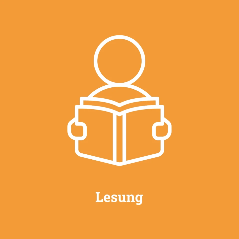 Wei&szlig;es Symbol einer stilisierten Person, die ein aufgeschlagenes Buch h&auml;lt, vor einem orangefarbenen Hintergrund. Darunter der Text "Lesung" in wei&szlig;er, serifenloser Schrift.