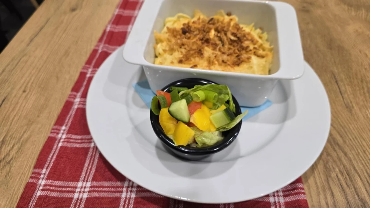 Wei&szlig;e Keramikschale mit &uuml;berbackenem Nudelgericht, bedeckt mit goldbraun ger&ouml;steten Zwiebeln, auf einem wei&szlig;en Teller platziert. Daneben eine kleine schwarze Schale mit gemischtem Salat aus gr&uuml;nem Salat, Gurken, gelber Paprika, Tomaten und Fr&uuml;hlingszwiebeln. Der Tisch ist mit einem roten karierten Tischl&auml;ufer bedeckt.