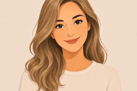 Illustration einer l&auml;chelnden Person mit langen, welligen, braunen Haaren, die seitlich &uuml;ber die Schulter fallen. Die Person tr&auml;gt ein wei&szlig;es Oberteil. Der Hintergrund ist in einem hellen Beige gehalten, minimalistisch gestaltet.