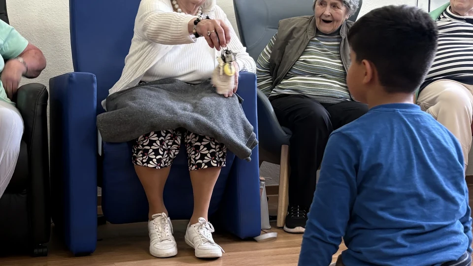 &Auml;ltere Frau in wei&szlig;em Pullover auf blauem Sessel zeigt einem knienden Jungen in blauem Shirt ein kleines gelbes Spielzeug. Neben ihr sitzen zwei weitere &auml;ltere Frauen und eine Person, die teilweise sichtbar ist. Holzfu&szlig;boden, Wand im Hintergrund mit montiertem schwarzen Fernseher.