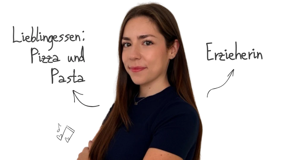 Wei&szlig;e Hintergrundgrafik mit dem zentralen Text "Hallo, ich bin Rieke Wessel!". Darunter steht eine Frau mit langem, glattem braunem Haar, dunkelblauem T-Shirt und hellblauer Jeans, mit verschr&auml;nkten Armen. Beschriftungen um sie herum: "Lieblingsessen: Pizza und Pasta" oben links, "Erzieherin" rechts, "Liebt das Tanzen" unten links mit Herz- und Musiknotensymbolen, "Fantasy-Romane" unten rechts mit ge&ouml;ffnetem Buchsymbol.