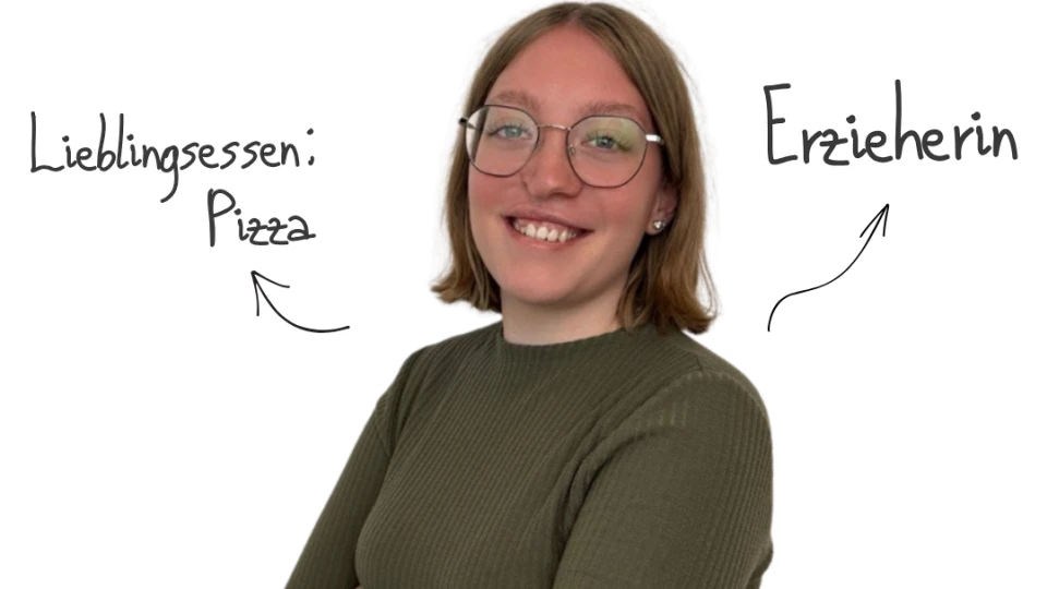 Wei&szlig;e Bildfl&auml;che mit dem Text "Hallo, ich bin Emely Koch!" in schwarzer Schrift oben. Mittelpunkt: Person mit verschr&auml;nkten Armen in olivgr&uuml;nem Pullover. Umliegende handgeschriebene Annotationen: "Lieblingsessen: Pizza" links oben, "Fr&uuml;hlings-Liebe" unten links mit Herzsymbol, "Erzieherin" rechts oben und "Wincent Wei&szlig; Fan" rechts unten mit Musiknoten.