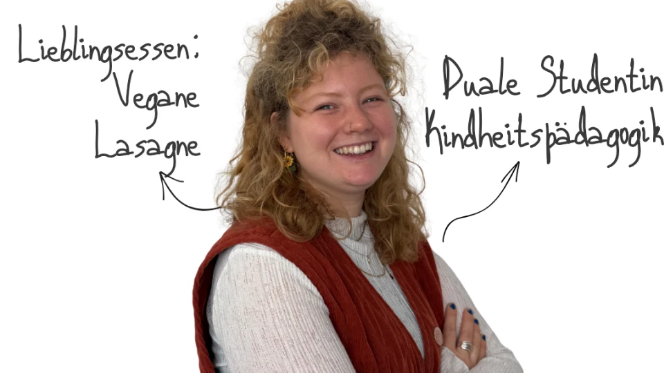 Wei&szlig;e Bildfl&auml;che mit der &Uuml;berschrift "Hallo, ich bin Ronja Heumann!" in gro&szlig;er schwarzer Schrift. Darunter eine Person mit lockigem, mittellangem blondem Haar, die einen roten &auml;rmellosen Cord-Pullover &uuml;ber einem wei&szlig;en Langarmshirt tr&auml;gt. Um die Person sind handschriftliche Anmerkungen: links oben "Lieblingsessen: Vegane Lasagne", links unten "Karaoke-Liebe" mit einer gezeichneten Mikrofon-Ikone, rechts oben "Duale Studentin Kindheitsp&auml;dagogik" und rechts unten "Konzerte" mit einer gezeichneten Eintrittskarten-Ikone.