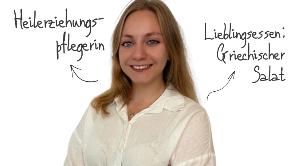Wei&szlig;e Schrift auf neutralem Hintergrund: "Hallo, ich bin Ekaterina Savitskaia!". Handgeschriebene Stichpunkte mit Pfeilen zur Person: "Heilerziehungspflegerin", "Lieblingsessen: Griechischer Salat", "Gro&szlig;er Eurovision Fan" mit Herzsymbol, "Unbesiegbar in Dobble" mit Zeichnung einer Eins in einem Kreis. Die Person tr&auml;gt ein wei&szlig;es Hemd, schwarze Hose, Armb&auml;nder und eine Armbanduhr.