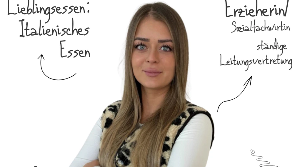 Frau mit langen, braunen Haaren in einem &auml;rmellosen Leopardenmuster-Pullover &uuml;ber einem wei&szlig;en Langarmshirt, vor wei&szlig;em Hintergrund. Um sie herum Schrift: "Hallo, ich bin Marina Neumann!", "Lieblingsessen: Italienisches Essen", "Erzieherin/Sozialfachwirtin, st&auml;ndige Leitungsvertretung", "Gro&szlig;e Reformer-Pilates-Liebe", "Etwas mit Freunden unternehmen" mit handgezeichneten Pfeilen, Herz und Tasse.