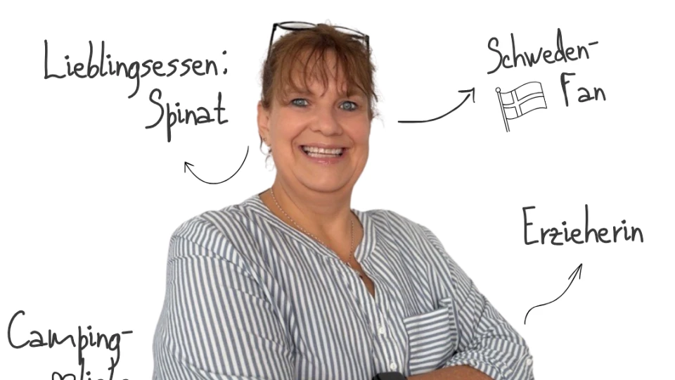 Person mit gestreifter, wei&szlig;-blauer Bluse und verschr&auml;nkten Armen. Text oben: "Hallo, ich bin Nicole H&ouml;pker!". Handschriftliche Annotationen zeigen: "Lieblingsessen: Spinat", "Camping-Liebe", "Schweden-Fan" mit Flagge, "Erzieherin", "Kreativ".