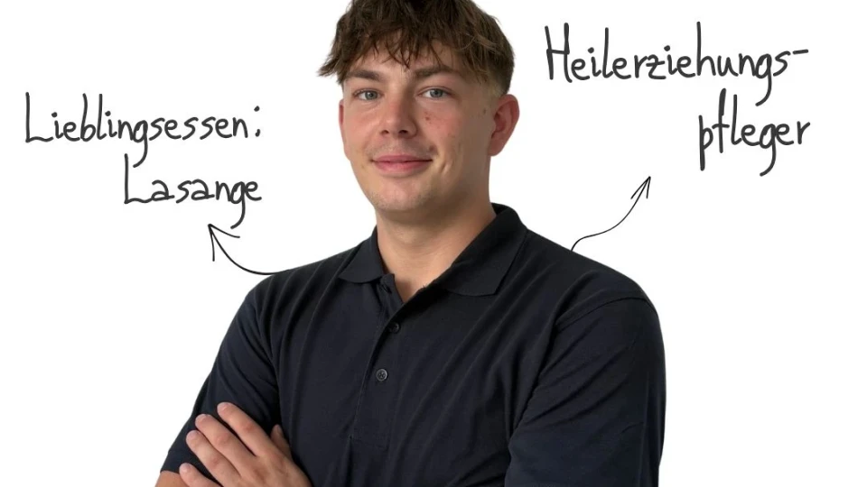 Mann mit kurzem braunem Haar in dunkelblauem Polohemd steht l&auml;chelnd mit verschr&auml;nkten Armen. Text: &bdquo;Hallo, ich bin Lennard Christians!&ldquo; Notizen um ihn herum: &bdquo;Lieblingsessen: Lasagne&ldquo;, &bdquo;Heilerziehungspfleger&ldquo;, &bdquo;Angeln&ldquo; (mit Illustration eines Anglers) und &bdquo;gro&szlig;e Fu&szlig;ballliebe&ldquo; (mit gezeichnetem Fu&szlig;ball).