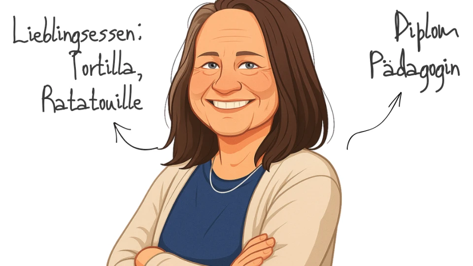Illustration einer Frau mit braunem, schulterlangem Haar, hellbeigem Cardigan, blauem Oberteil und gekreuzten Armen. Textbeschriftungen: "Hallo, ich bin Karin Koch-K&ouml;hnen!", "Diplom P&auml;dagogin", "Lieblingsessen: Tortilla, Ratatouille", "Meerliebe" mit einer gezeichneten Muschel und einem Herz, "Lesen" mit einem gezeichneten Buch.