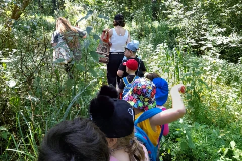 Eine Gruppe von Kindern mit bunten Rucks&auml;cken und H&uuml;ten l&auml;uft durch einen dichten, gr&uuml;nen Wald. Zwei erwachsene Personen f&uuml;hren die Gruppe an. Umgeben von hohen Gr&auml;sern, Str&auml;uchern und B&auml;umen. Ein Kind h&auml;lt einen Stock. Sonnenlicht f&auml;llt durch das dichte Bl&auml;tterdach.