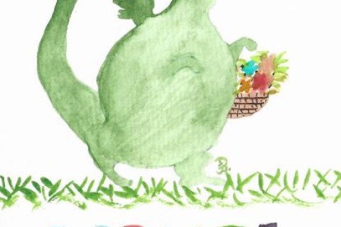 Zeichnung von einen grünen Drachen namens Urmel, der einen Korb mit bunten Blumen trägt